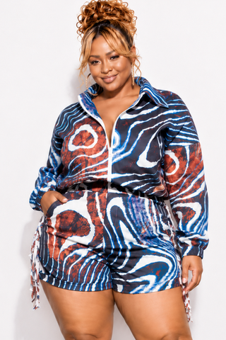 Final Sale Plus Size 2pc Set Jacket & Matching Shorts in Red & Blue Multi-Color Print