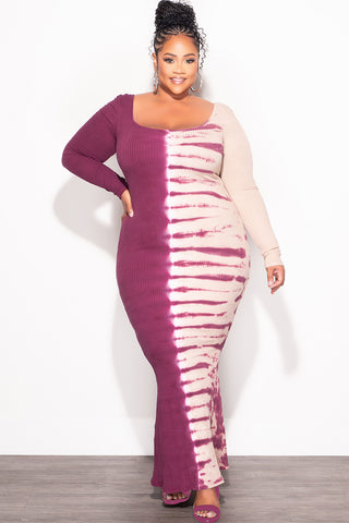 Final Sale Plus Size Thick Ribbed BodyCon Colorblock Midi Dress in Burgundy and Tan Tie Dye Print