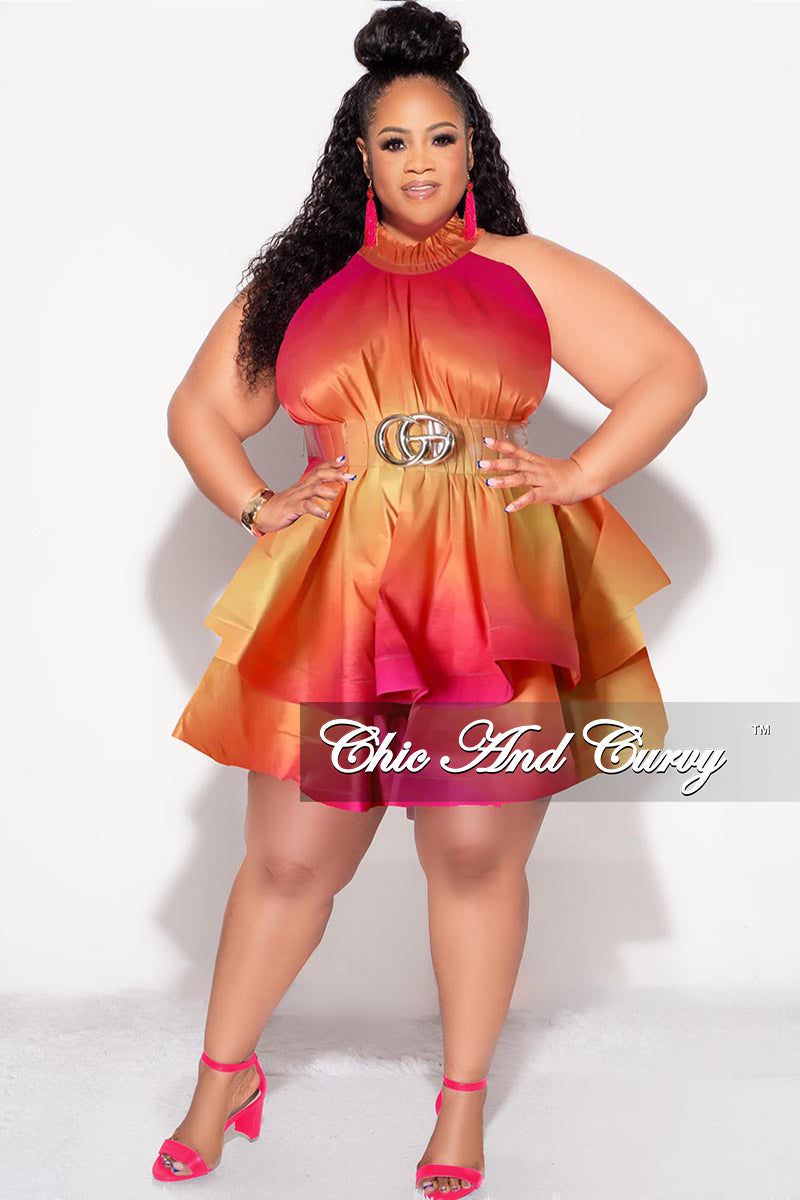Final Sale Plus Size Halter Tiered Ruffle Mini Dress in Fuchsia Ombre Color Print