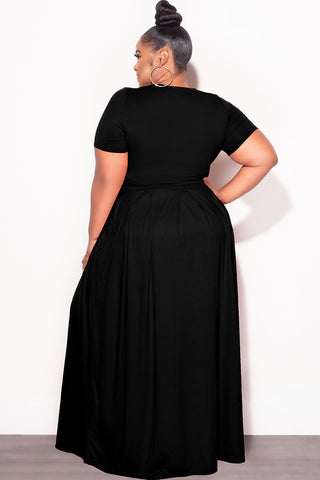 Final Sale Plus Size 2pc Short Sleeve Tie Top and Skirt Set in Black
