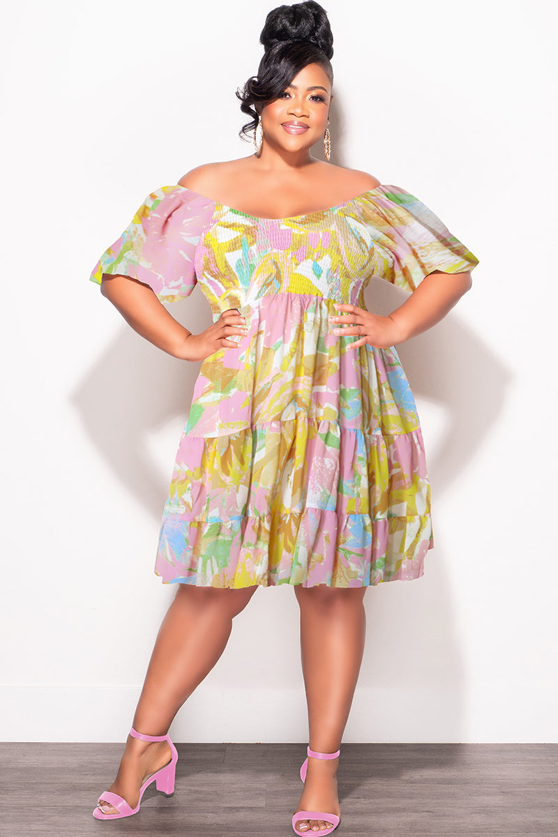 Final Sale Plus Size Smocked Chiffon Baby Doll Dress in Pink & Yellow Print