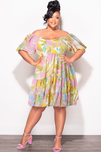 Final Sale Plus Size Smocked Chiffon Baby Doll Dress in Pink & Yellow Print