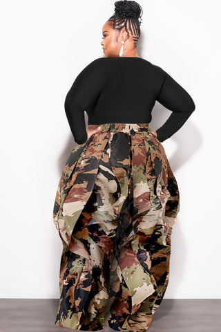Final Sale Plus Size Wide Leg Drawstring Oversized Windbreaker Wavy Pants in Camo Olive/Black Multi Color Print