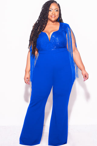Final Sale Plus Size Fringe Shoulder Faux Wrap Sequin Jumpsuit Royal Blue