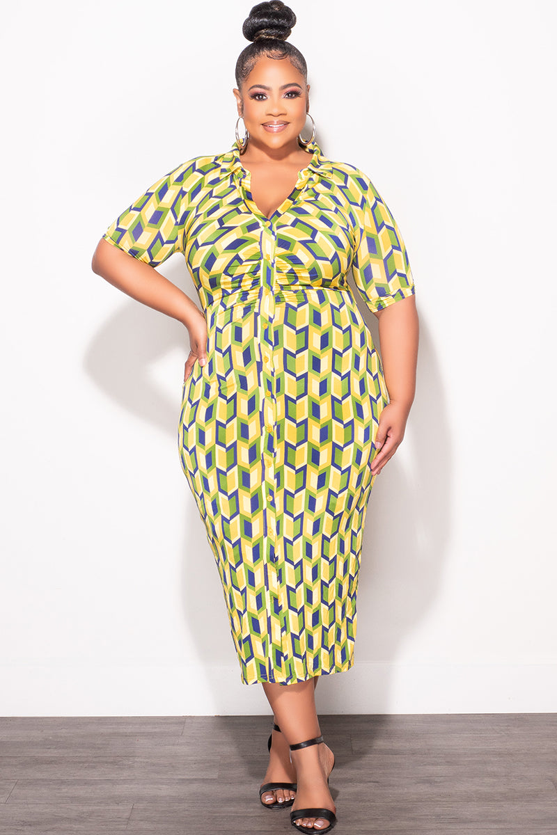 Final Sale Plus Size Collar Button Up BodyCon Dress in Blue, Green & Y Chic And Curvy Final Sale Plus Size Collar Button Up BodyCon Dress in Blue, Green & Y Chic And Curvy