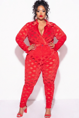 Final Sale Plus Size 2Pc Velvet Pants & Long Sleeve Bodysuit in Red