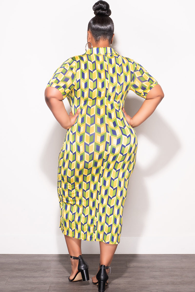 Final Sale Plus Size Collar Button Up BodyCon Dress in Blue, Green & Y Chic And Curvy Final Sale Plus Size Collar Button Up BodyCon Dress in Blue, Green & Y Chic And Curvy