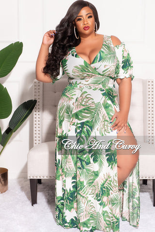 Final Sale Plus Size 2pc Faux Wrap Crop Tie Top and Double Slit Skirt Set in Pink & Green Leaf Print