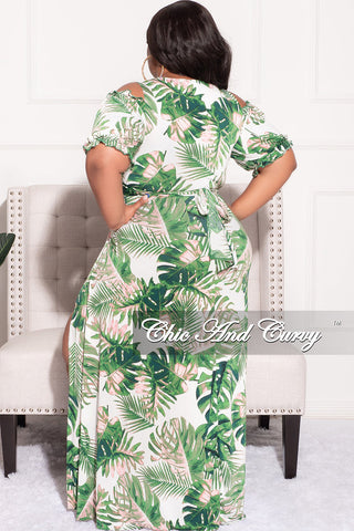 Final Sale Plus Size 2pc Faux Wrap Crop Tie Top and Double Slit Skirt Set in Pink & Green Leaf Print