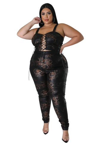 Final Sale Plus Size 2pc Pants Set in Snake Print With Lace Up Detail