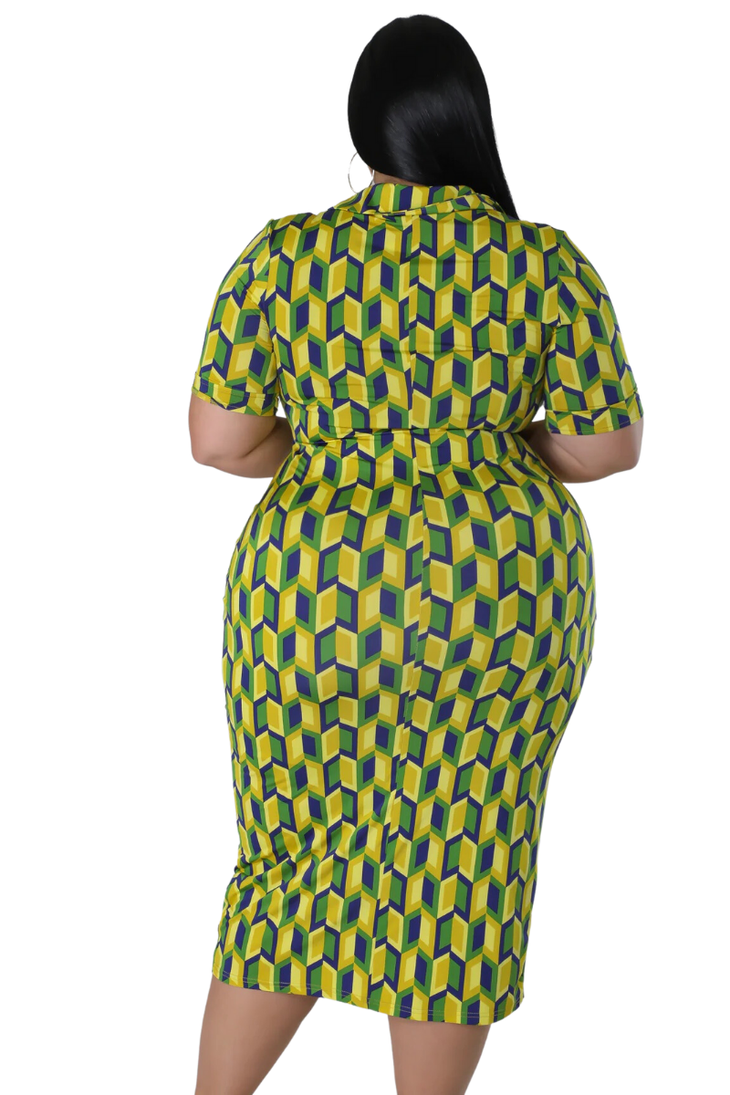 Final Sale Plus Size Collar Button Up BodyCon Dress in Blue, Green & Y