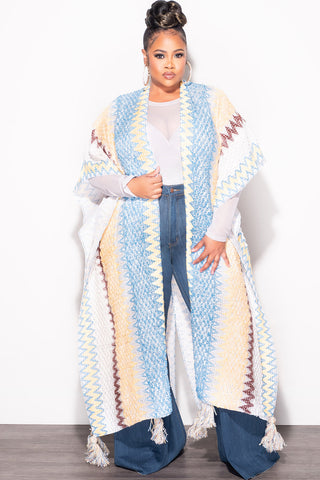 Final Sale Plus Size Knitted Cardigan with Bottom Tassels in White Blue Yellow Tan and Brown