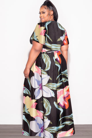 Final Sale Plus Size 2pc (Faux Wrap Crop Tie Top & Skirt) Set in  Black Multi Color Floral Print