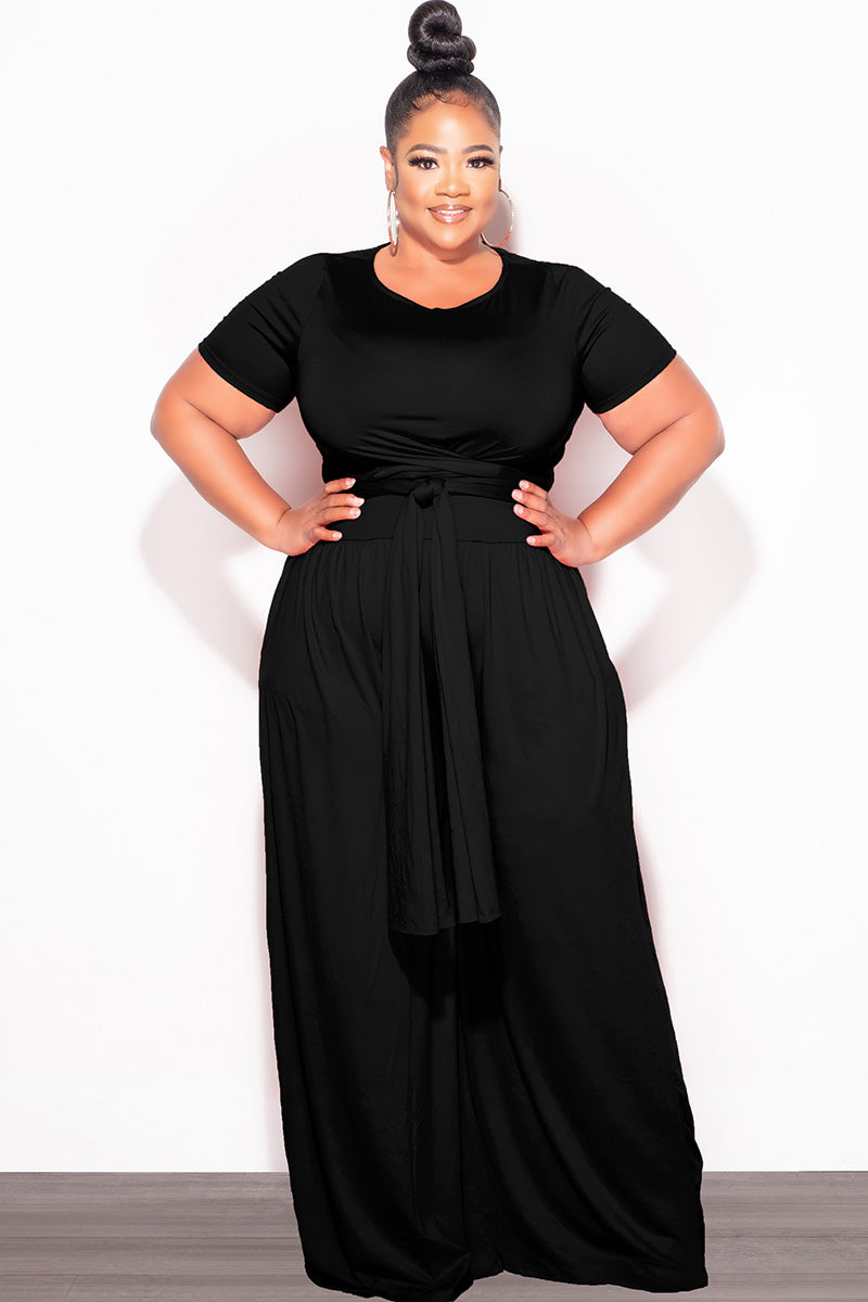 Final Sale Plus Size 2pc Short Sleeve Tie Top and Pants Set in Black