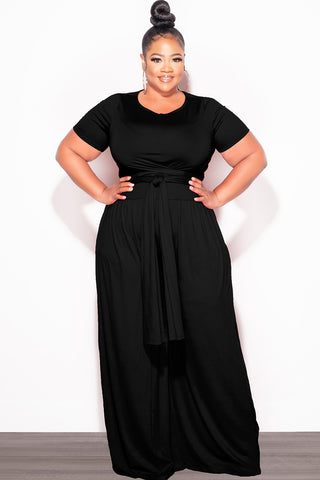 Final Sale Plus Size 2pc Short Sleeve Tie Top and Pants Set in Black