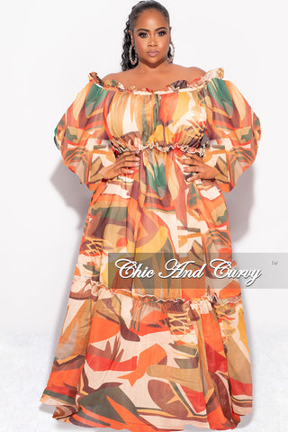 Final Sale Plus Size Off the Shoulder Chiffon Maxi Dress in Tan Multi Chic And Curvy Final Sale Plus Size Off the Shoulder Chiffon Maxi Dress in Tan Multi Chic And Curvy