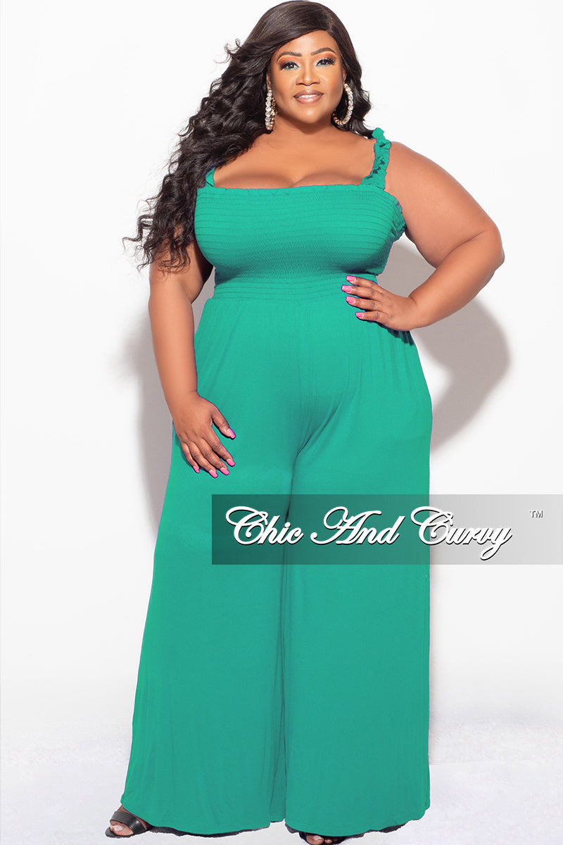 Final Sale Plus Size Jumpsuit with Smocking & Elastic Straps in Kelly Green