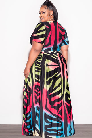 Final Sale Plus Size 2pc (Faux Wrap Crop Tie Top & Skirt) Set in Black Multi-Color Print