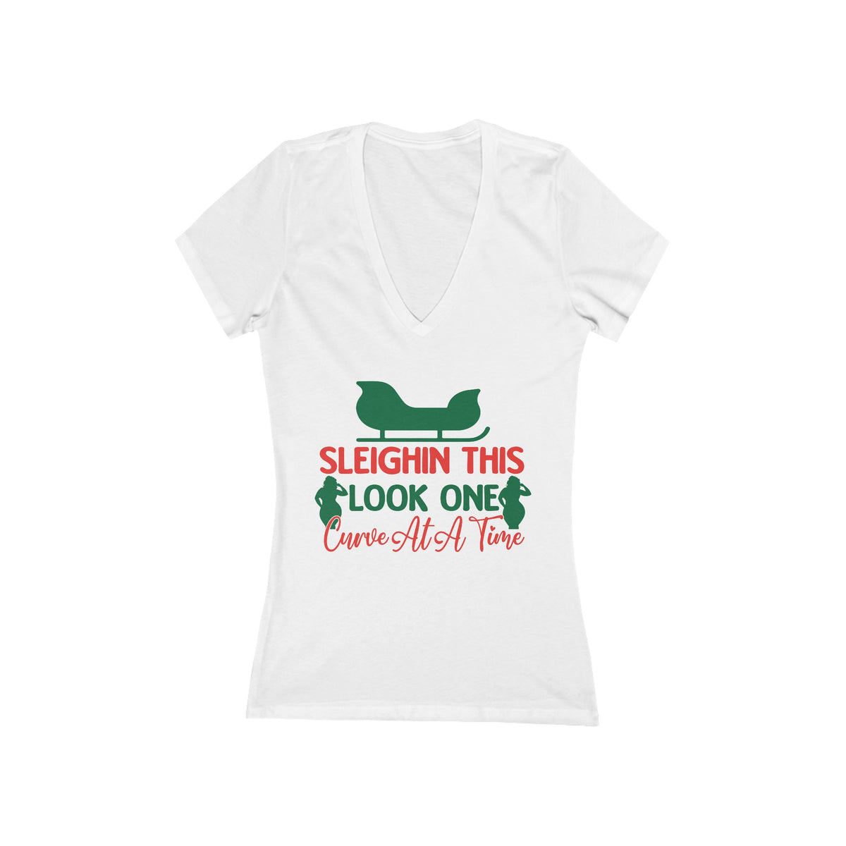 Sleighin This Look One Curve At A Time V-Neck Tee | Christmas Santa Sleigh Design
