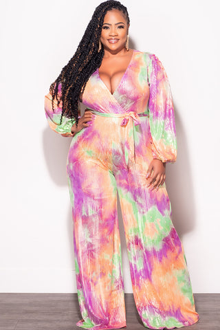 Final Sale Plus Size Faux Wrap Jumpsuit with Attached Tie in Orange Purple Green and Gold Foil Tie Dye Print