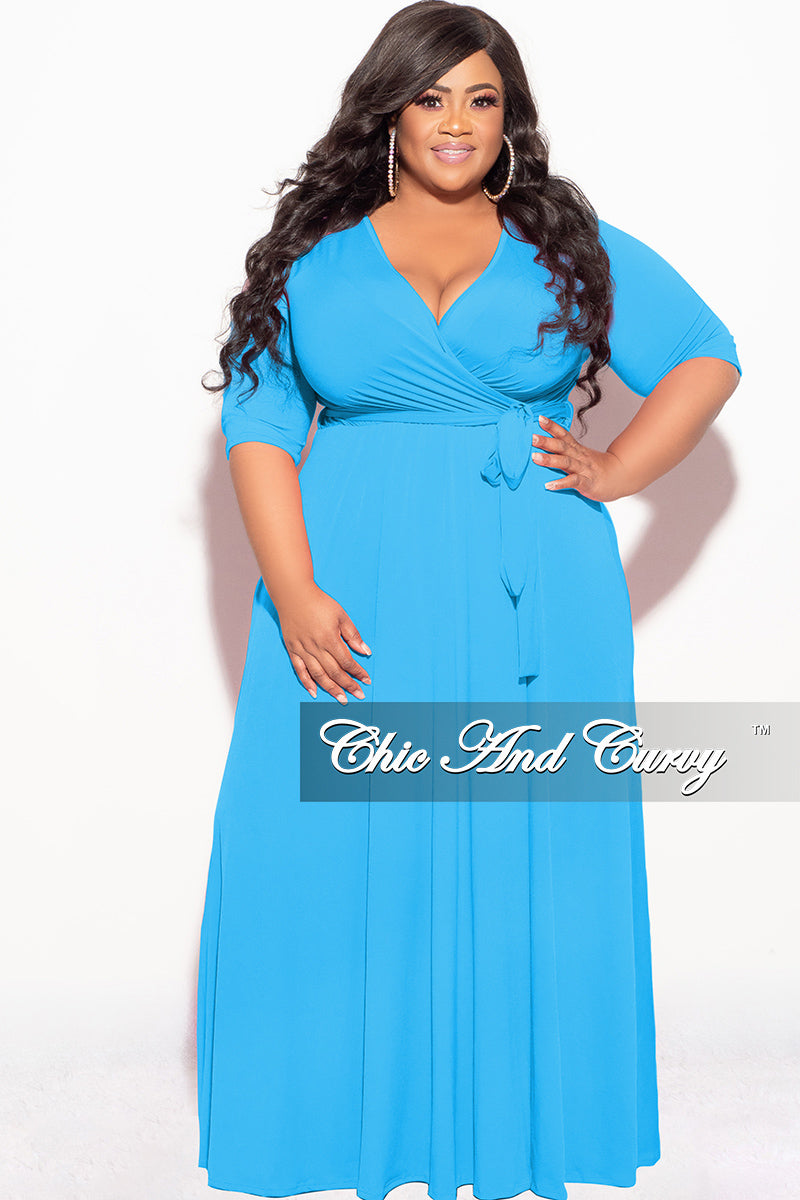 Final Sale Plus Size Deep V Faux Wrap with 3/4 Sleeves in Turquoise