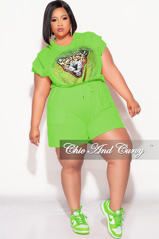 Final Sale Plus Size 2pc Bling Rhinestone Graphic Top and Short Set Set In Green