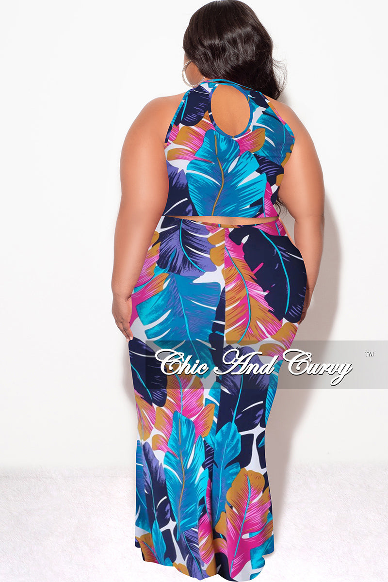 Final Sale Plus Size Halter Neck Sleeveless Mermaid Dress in Blue and Fuchsia Leaf Print