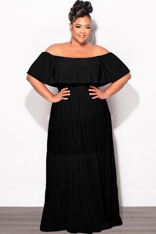 Final Sale Plus Size Off The Shoulder Tiered Maxi Dress in Black