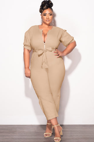 Final Sale Plus Size Cropped Zip-Up Wide Leg Jumpsuit in Khaki