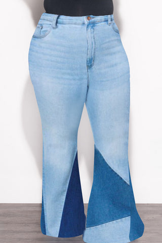 Final Sale Plus Size ColorBlock Flare Denim Jeans in Light Stone Denim