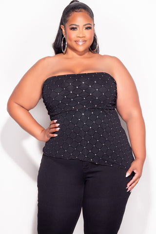 Final Sale Plus Size Sheer  Asymmetrical Tube Top in Black with Diamond Pattern