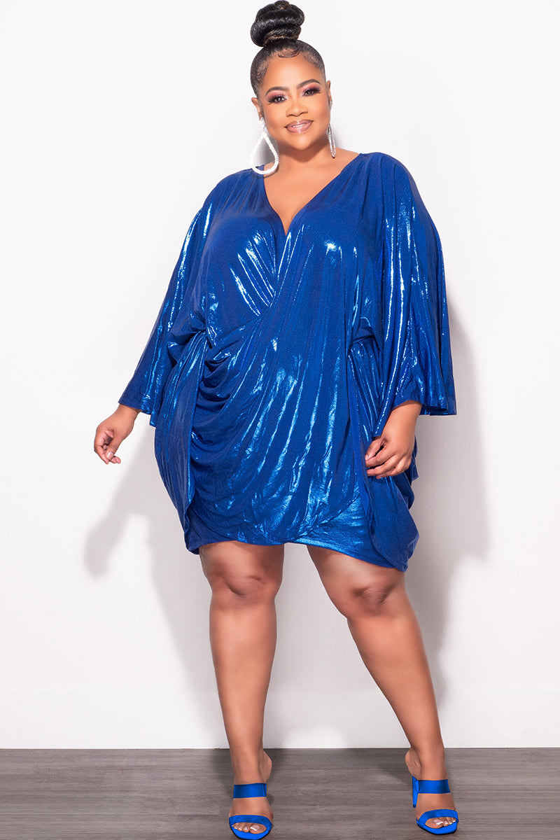 Final Sale Plus Size Draping Mini Dress in Metallic Royal Blue Final Sale Plus Size Draping Mini Dress in Metallic Royal Blue
