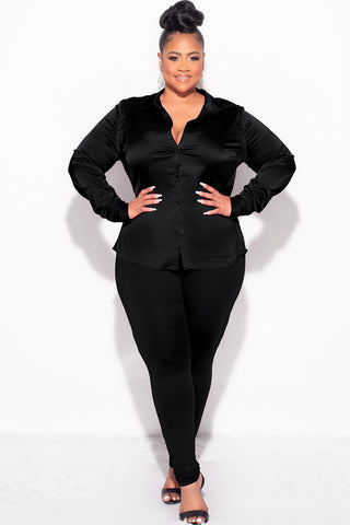 Final Sale Plus Size 2pc Button Up Collar Satin Top and Pants Set in Black