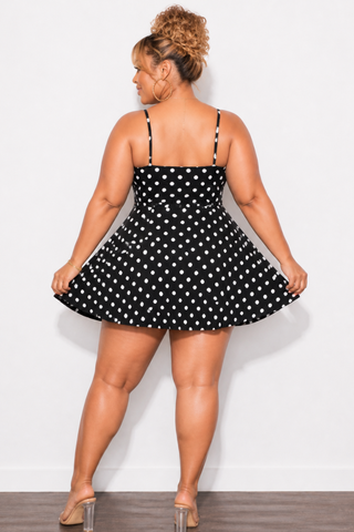 Final Sale Plus Size Spaghetti Strap Knit Crepe Dress in Black & White Polka Print