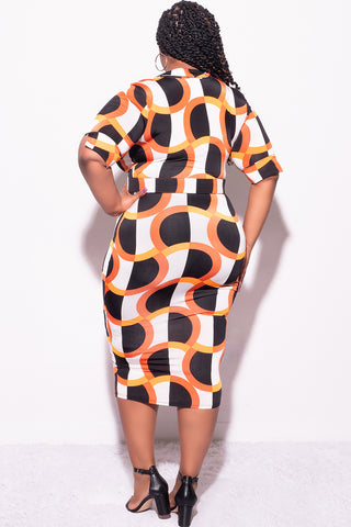 Final Sale Plus Size Collar Faux Wrap BodyCon Dress in Orange & Ivory Design Print
