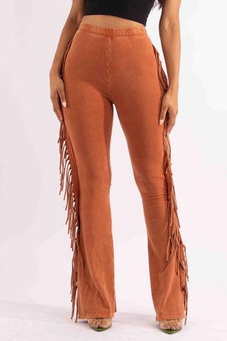 Final Sale Plus Size High Waist Fringe Trim Pants in Rust Acid Wash Print Jersey