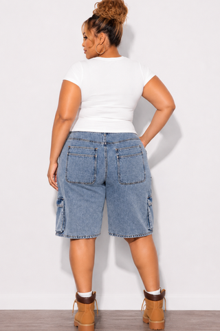Final Sale Plus Size Acid Wash Cargo Denim Jorts Shorts in Denim