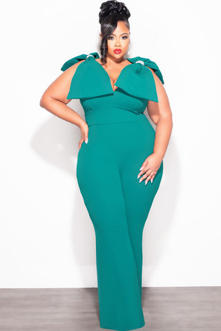 Final Sale Plus Size Jumpsuit with Bow on Shoulders in Green