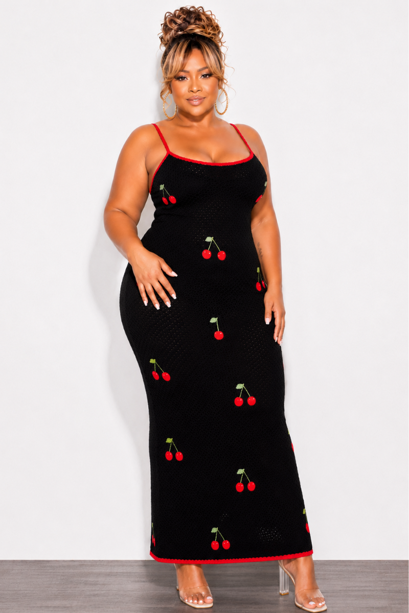 Final Sale Plus Size Tank Crochet Knit Dress in Black With Red Cherries