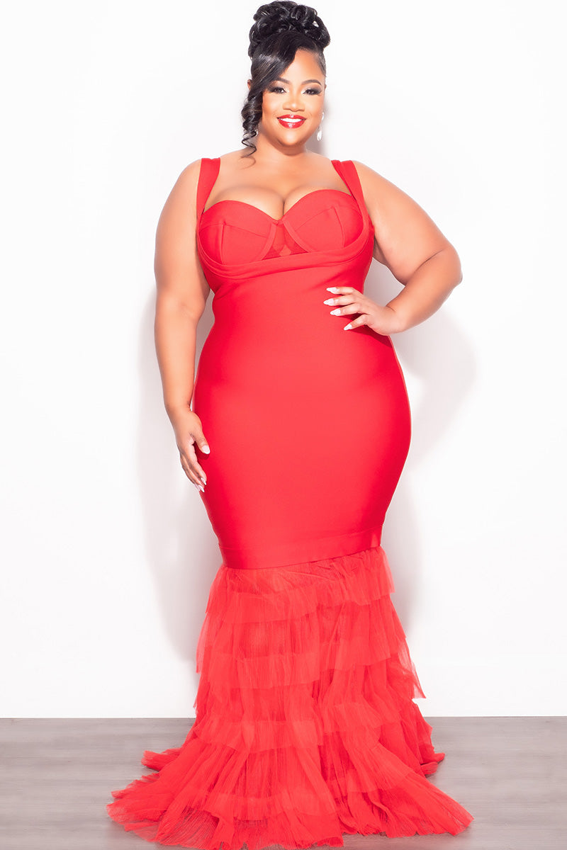 Final Sale Plus Size Bandage Mermaid Layered Gown in Red