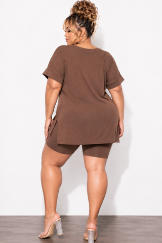Final Sale Plus Size 2pc V-Neck Tunic Top and Matching Shorts Set in Brown