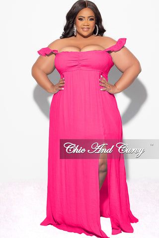 Final Sale Plus Size Off the Shoulder Smocked Maxi Dress in Fuchsia