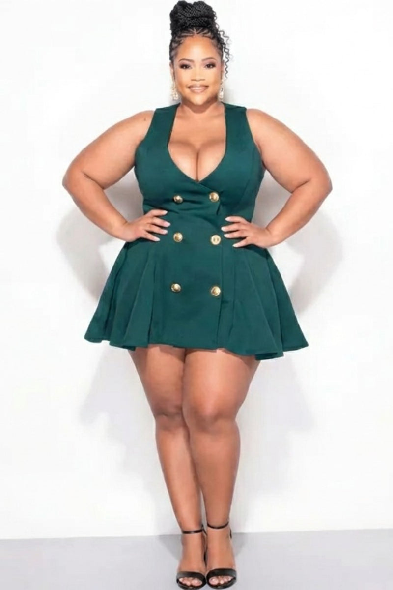 Final Sale Plus Size Sleeveless Scuba Baby Doll Dress with Gold Buttons in Teal