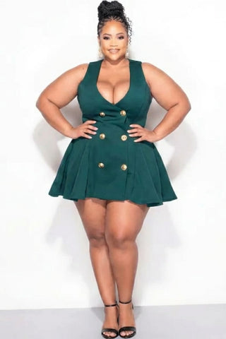 Final Sale Plus Size Sleeveless Scuba Baby Doll Dress with Gold Buttons in Teal
