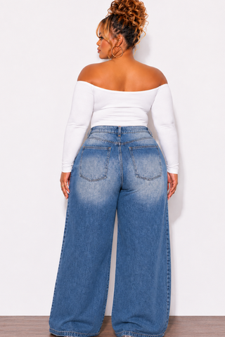 Final Sale Plus Size Baggie Wide Leg Distressed Jeans in Denim