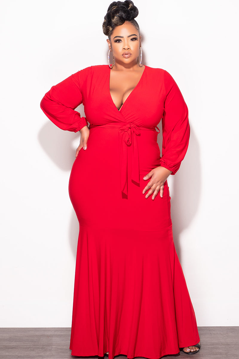 Final Sale Plus Size Mermaid Balloon Sleeve with Tie Gown in Red - 2x 18/20 Final Sale Plus Size Mermaid Balloon Sleeve with Tie Gown in Red - 2x 18/20