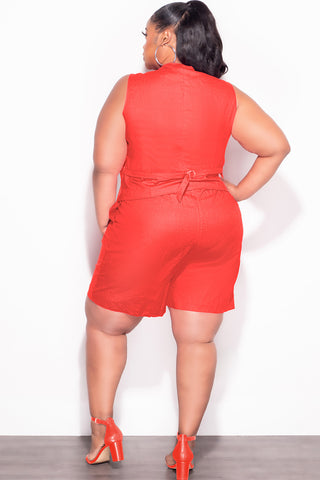Final Sale Plus Size 2pc Sleeveless Linen Blazer Vest Short Set in Orange