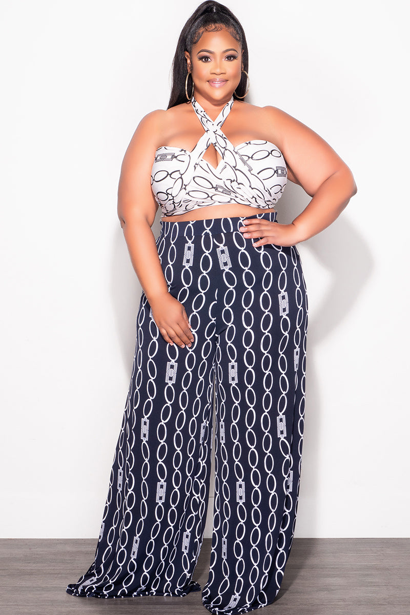 Final Sale Plus Size 2pc Set Black & White Self Tie Top & Pants in Navy & White Chain Print