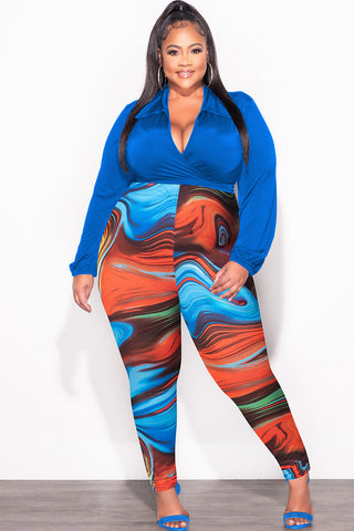 Final Sale Plus Size 2pc Wrap Top and Pants Set in Royal Blue Multi Color