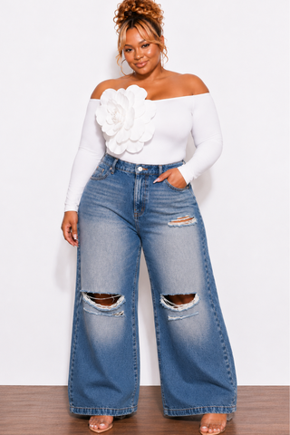 Final Sale Plus Size Baggie Wide Leg Distressed Jeans in Denim